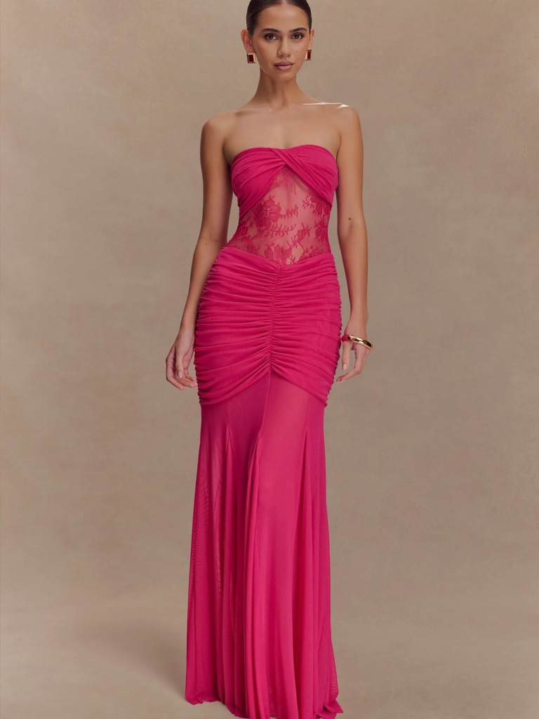 Meshki Fuchsia Strapless Ruched Lace Panel Gown